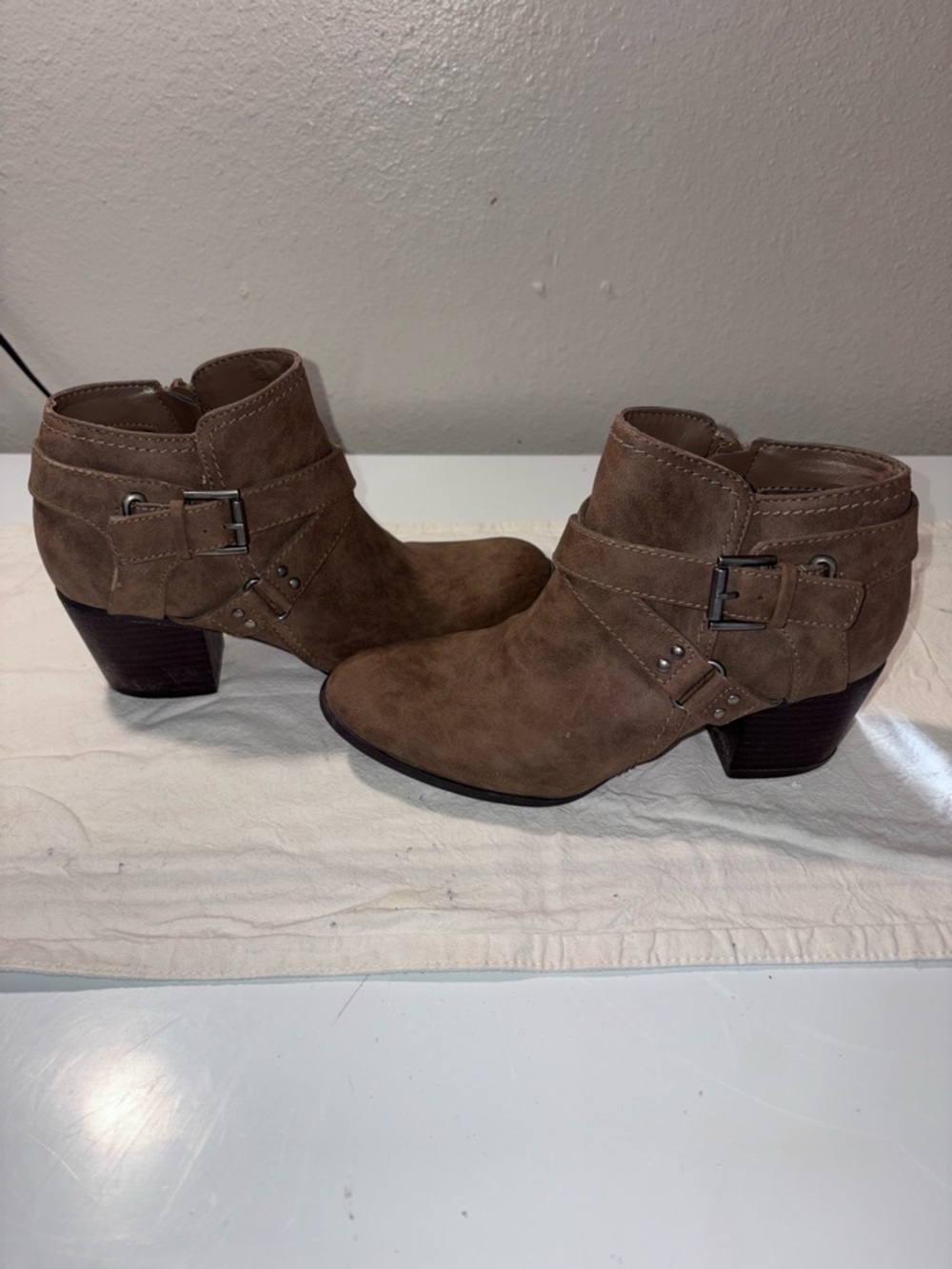 Dr. Scholl's Taupe Suede Ankle Booties with Buckle Strap